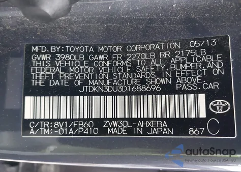 2013 Toyota Prius Two из США, поврежденный, VIN JTDKN3DU3D1688696